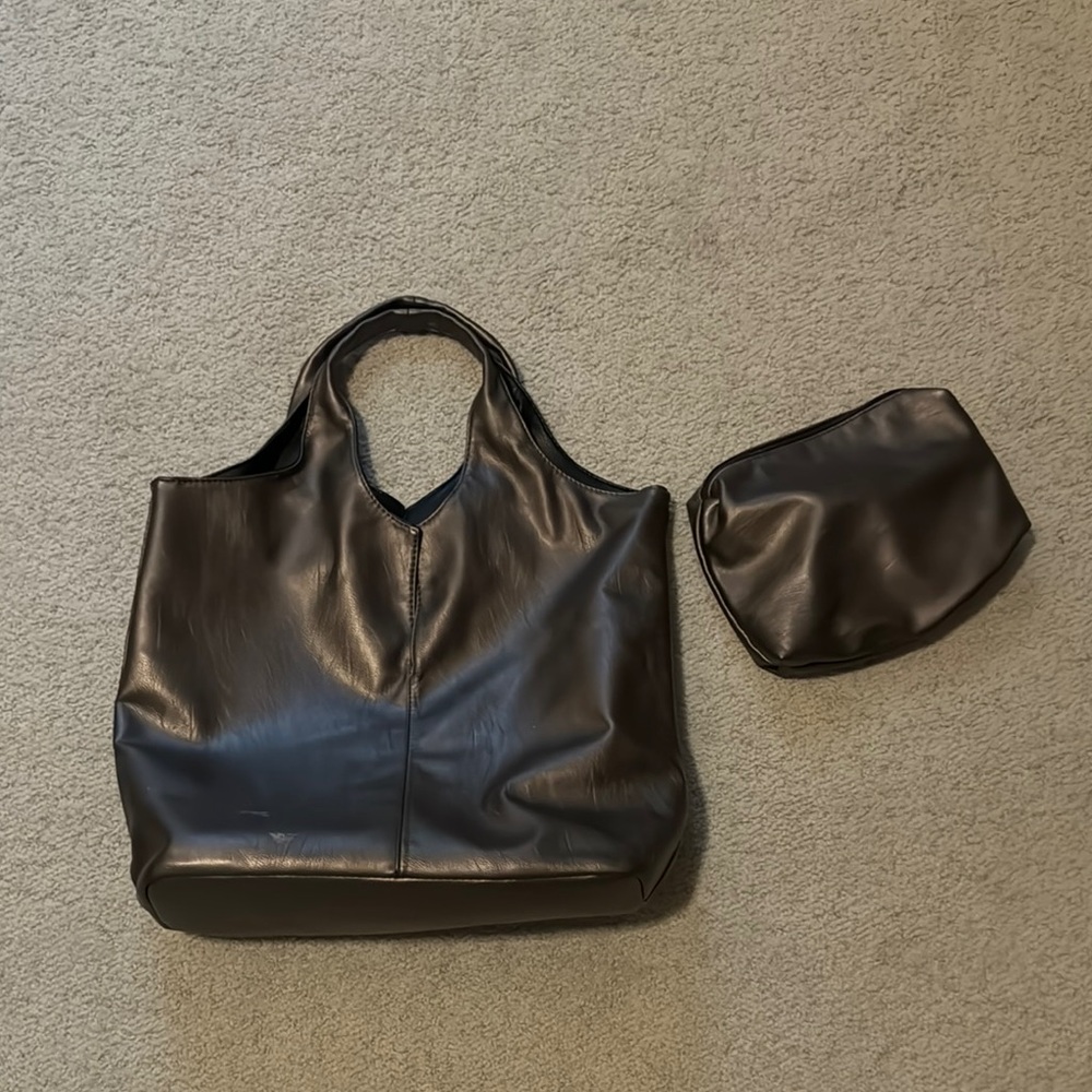 Black Leather Tote Bag with Pouch